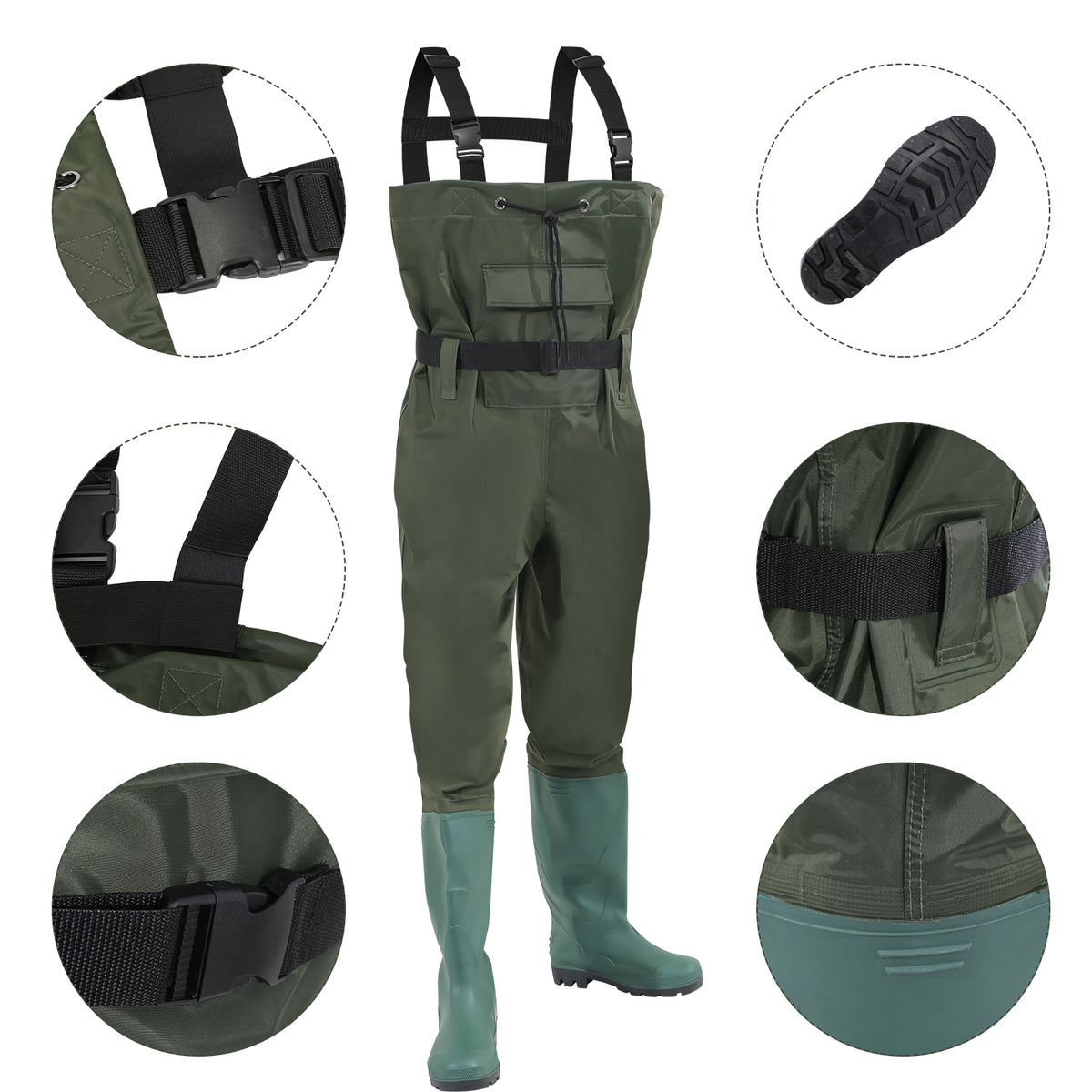 Wathose Herren Größen 42-47, Anglerhose 70D Nylon mit Stiefel, PVC Watthosen Wasserdichtl mit Haken, Angelhose mit Verstellbarer Schultergurt, Fischerhose für Baustellen, Gärten