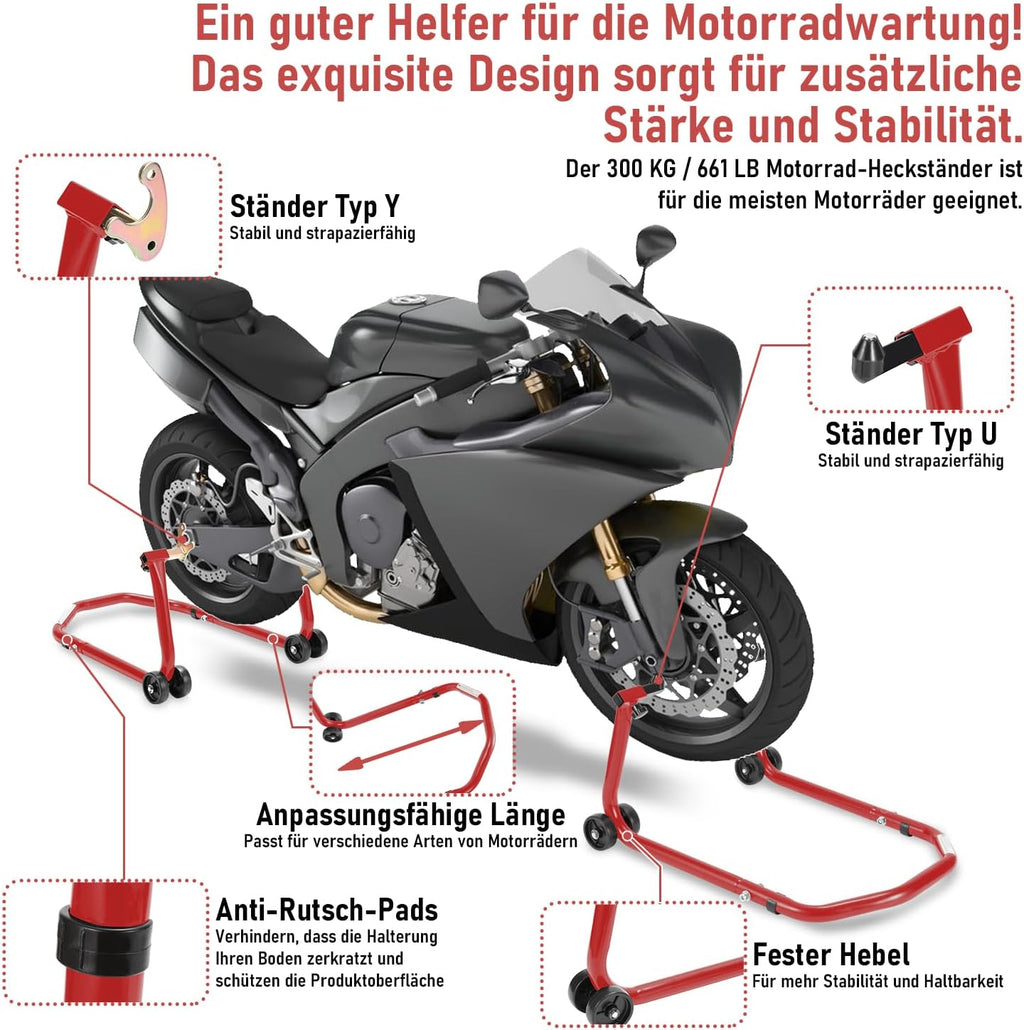 Motorradständer hinten & vorn Motorrad Set, Motorrad Ständer Motorrad Heber mit 4 Rollen Motorrad Hebebühne, Stabilität, Belastbar bis 300 kg
