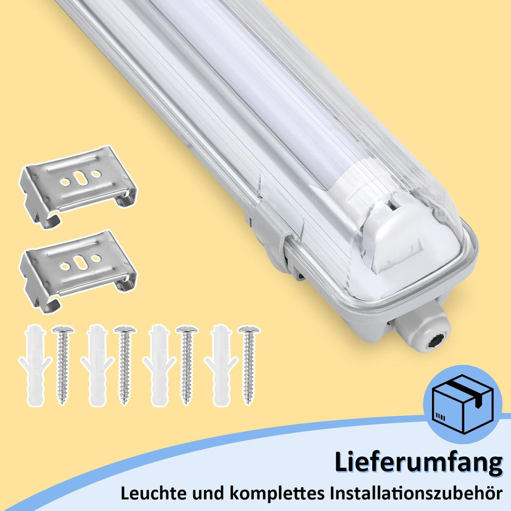 LED Feuchtraumleuchte Wannenleuchte 150cm 24W, 2400 Lumen 6500K, IP65 Wasserfest mit T8 LED Röhre für Garage Werkstatt Keller Außenbereich