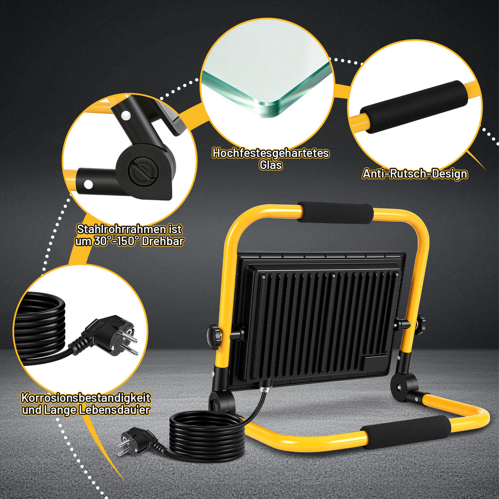 LED-Baustrahler, 50-W-, 100-W- und 200-W-Arbeitsleuchten, kaltweißes Licht, 3 Meter langes Kabel, Schutzart IP66, mit klappbarem Stativ, extrem helle, tragbare Arbeitsleuchten, geeignet für Werkstätten, Baustellen und Garagen