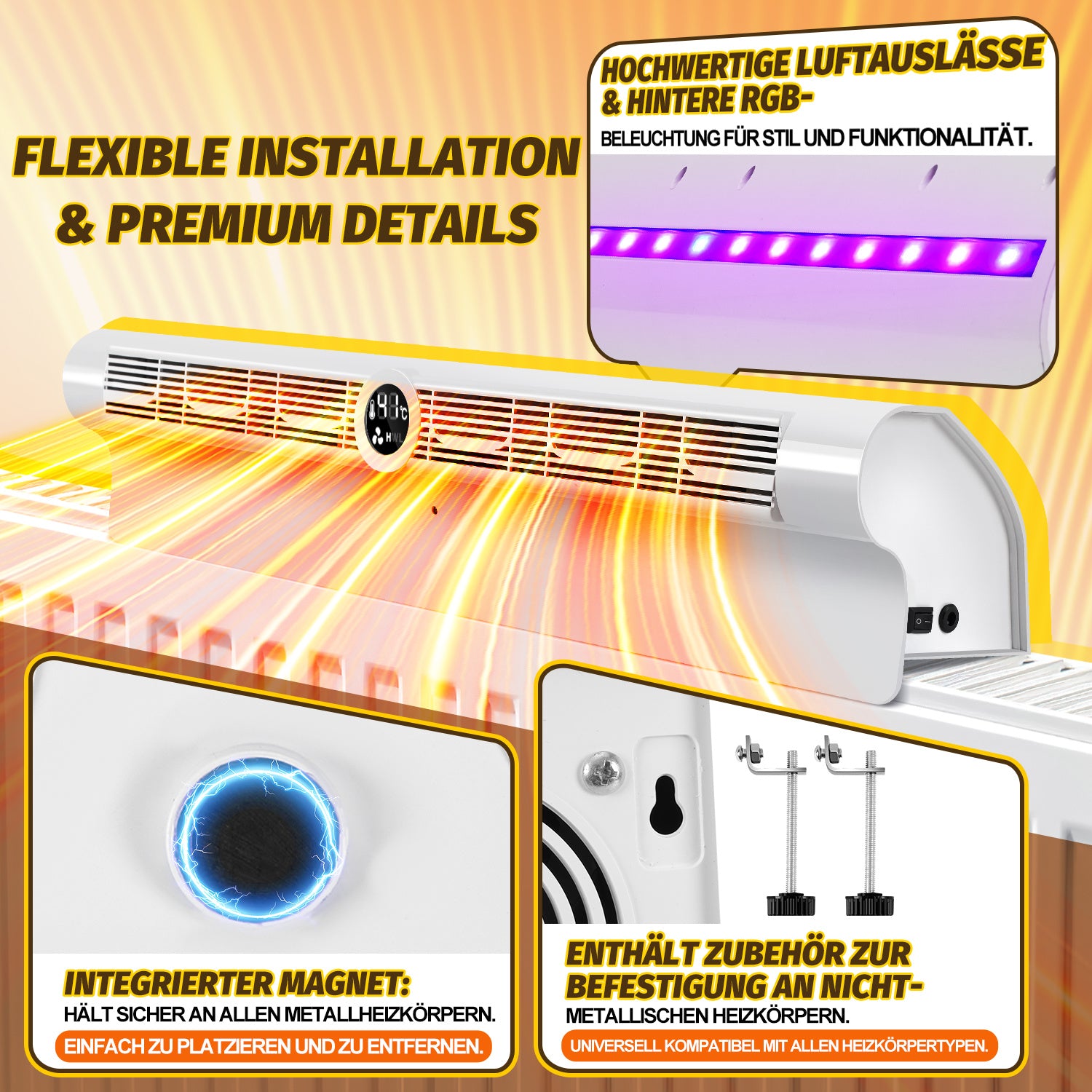 Heizkörper Ventilator Weiß - Energieeffizienter Wärmeverteiler mit 6 Lüftern, Automatischer Ein/Aus-Funktion, 3-Stufen-Regelung, RGB-LED und Fernbedienung für Schnelle Wärmeverteilung