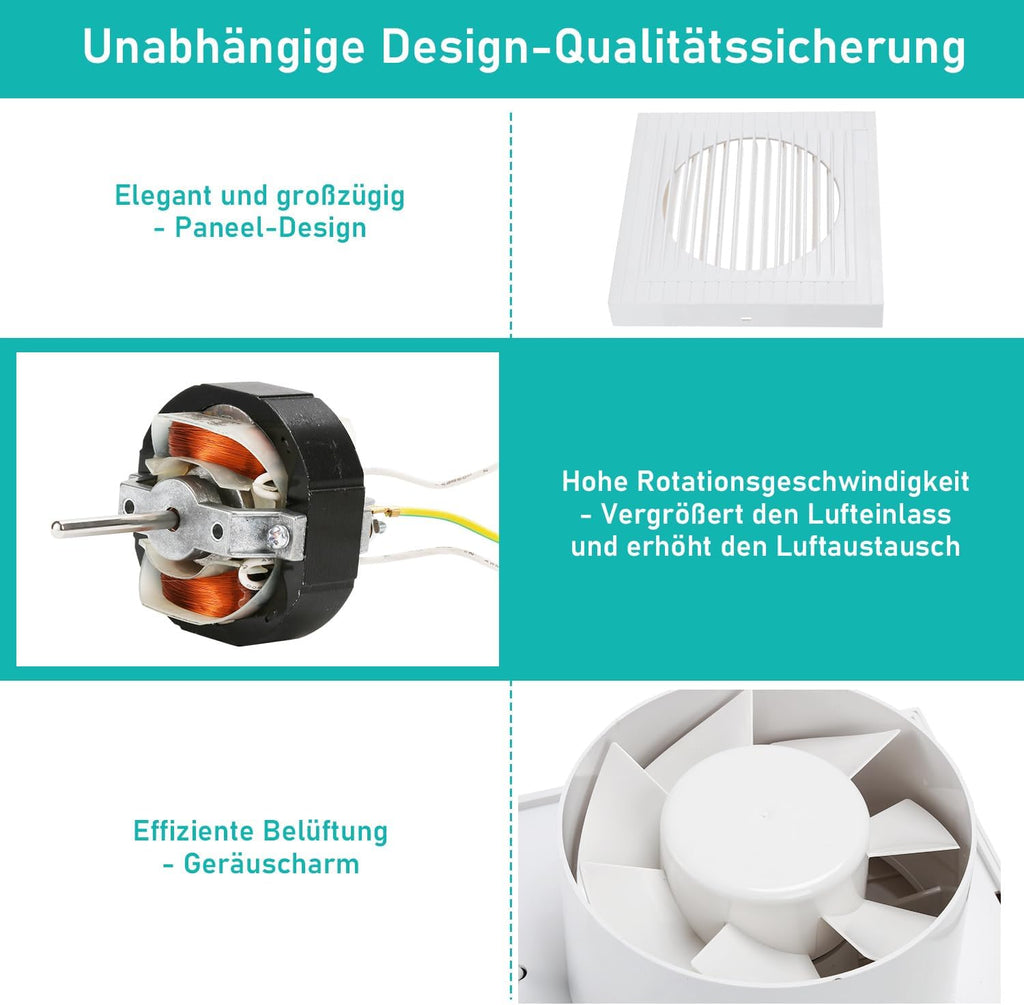 100/150 mm leiser Badventilator, Plug-and-Play, Kunststoffgehäuse, geeignet für Badezimmer, Küche, Keller und Toiletten, leitet Wasserdampf und Gerüche ab, glatte Frontblende, weiß