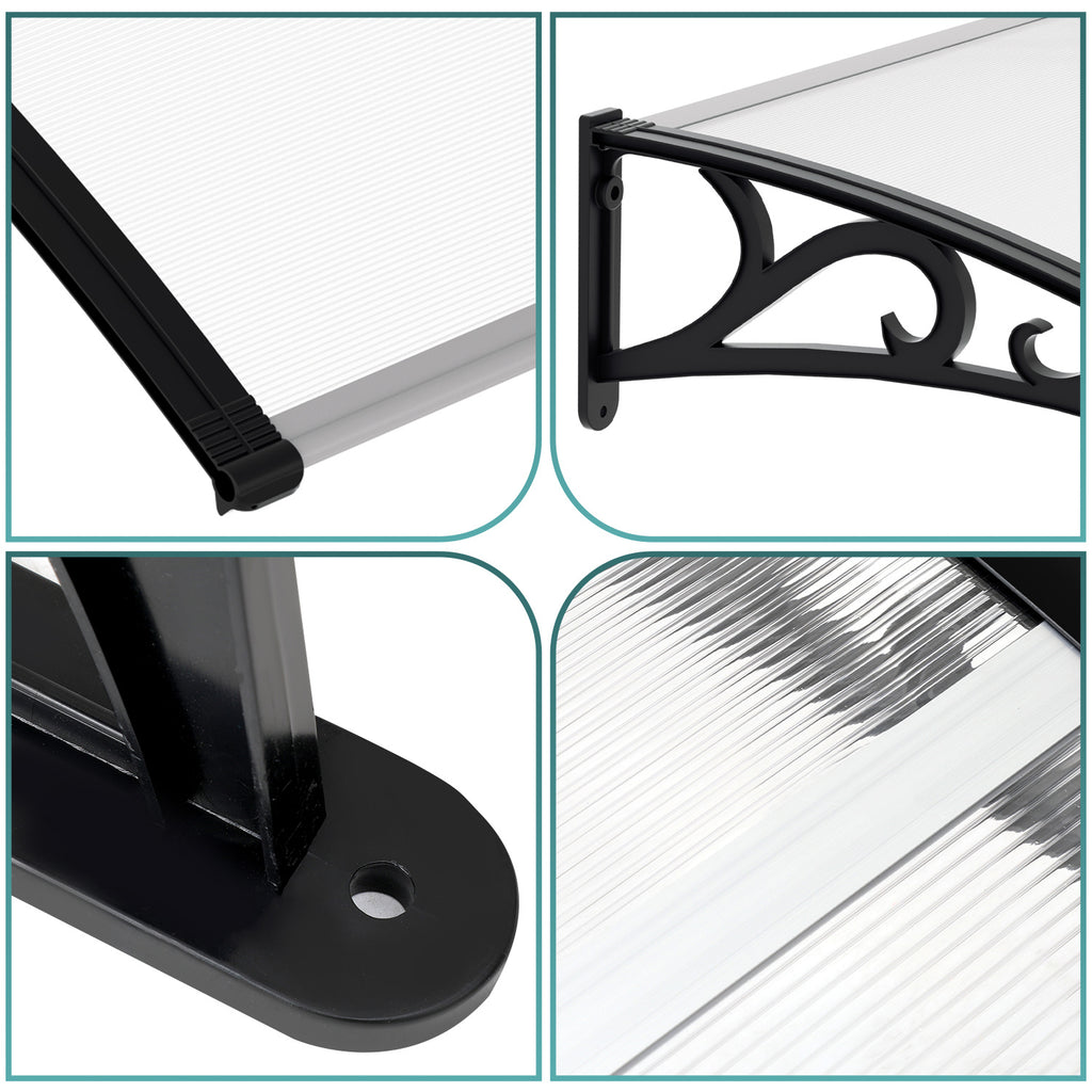 Vordach für Außentüren, transparente PC-Platten + schwarze Verstärkungsstreben, 6 mm dick, einseitig geneigtes, gewölbtes Vordach, schützt vor Sonne und Regen, vier Größen: 120 cm / 150 cm / 200 cm / 300 cm