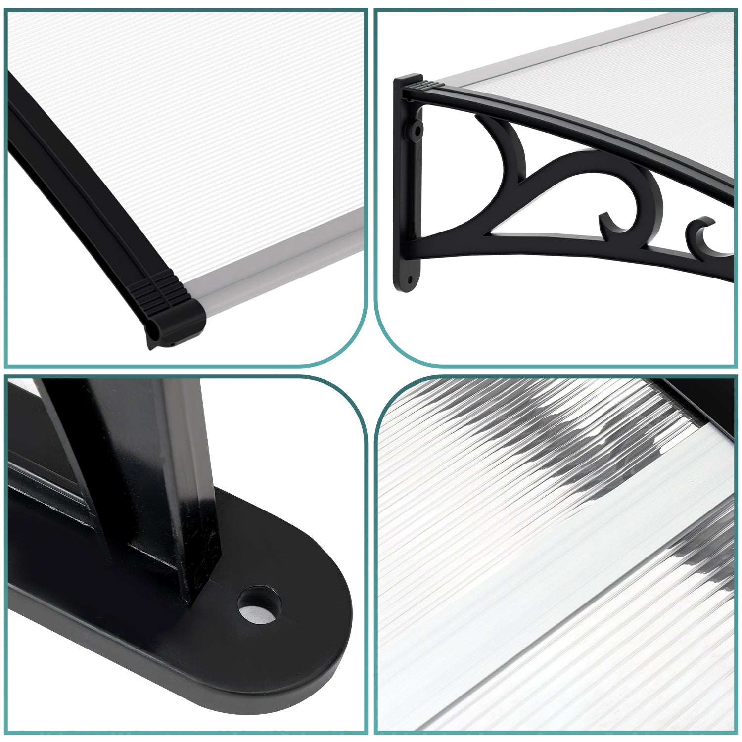 Vordach für Außentüren, transparente PC-Platten + schwarze Verstärkungsstreben, 6 mm dick, einseitig geneigtes, gewölbtes Vordach, schützt vor Sonne und Regen, vier Größen: 120 cm / 150 cm / 200 cm / 300 cm