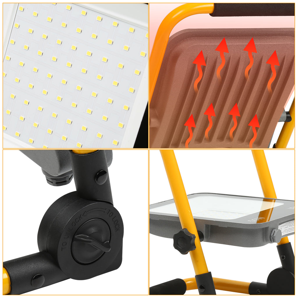 LED-Baustrahler, 50 W/100 W/150 W/200 W Arbeitsleuchten, tragbare LED-Arbeitsleuchten, Baustrahler mit kaltweißem Licht, Schutzklasse IP66, mit 3 Meter langem Kabel und klappbarem Stativ, geeignet für Baustellen (mit Stecker)