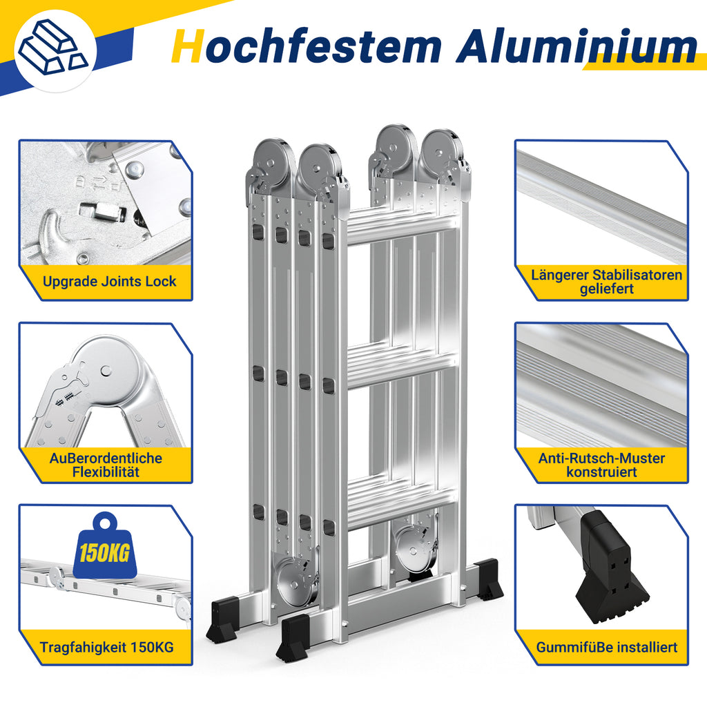 7-in-1-Multifunktionsleiter aus Aluminium, Tragkraft bis zu 150 kg, multifunktional, zusammenklappbar, einsetzbar als Anlehntreppe, Stehleiter und Treppenleiter, geeignet für Haushalt, Garten und Werkstatt, wahlweise mit 4x3, 4x4 oder 4x5 Sprossen.