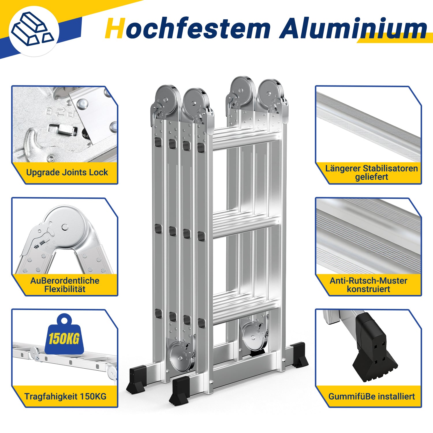 7-in-1-Multifunktionsleiter aus Aluminium, Tragkraft bis zu 150 kg, multifunktional, zusammenklappbar, einsetzbar als Anlehntreppe, Stehleiter und Treppenleiter, geeignet für Haushalt, Garten und Werkstatt, wahlweise mit 4x3, 4x4 oder 4x5 Sprossen.