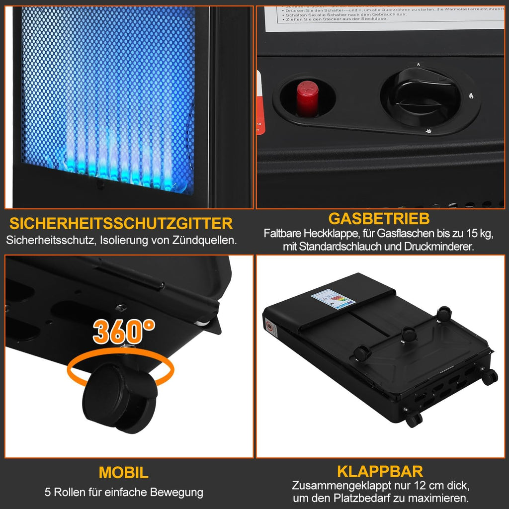 Gasheizung für Innenräume 3800W, Gasofen, 2 Stufen, 2 EU-Adapter Gasheizer mit 2 Heizstufen, ODS-System, 2 EU-Adaptern und 5 Rollen für Balkon, überdachte Terrasse und belüftete Räume