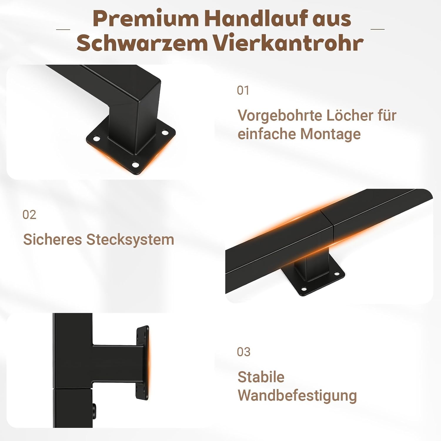 Handlauf Treppengeländer Geländer Schwarz Wandhandlauf Wand Treppe, Quadratisches Rohrdesign, Treppengeländer Innen und Außen für Treppen, Brüstung, Balkon