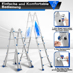 Aluminium multi-purpose ladder, 4-in-1 folding ladder, load capacity 150 kg, step ladder, extension ladder, double-sided ladder and stair ladder, telescopic ladder