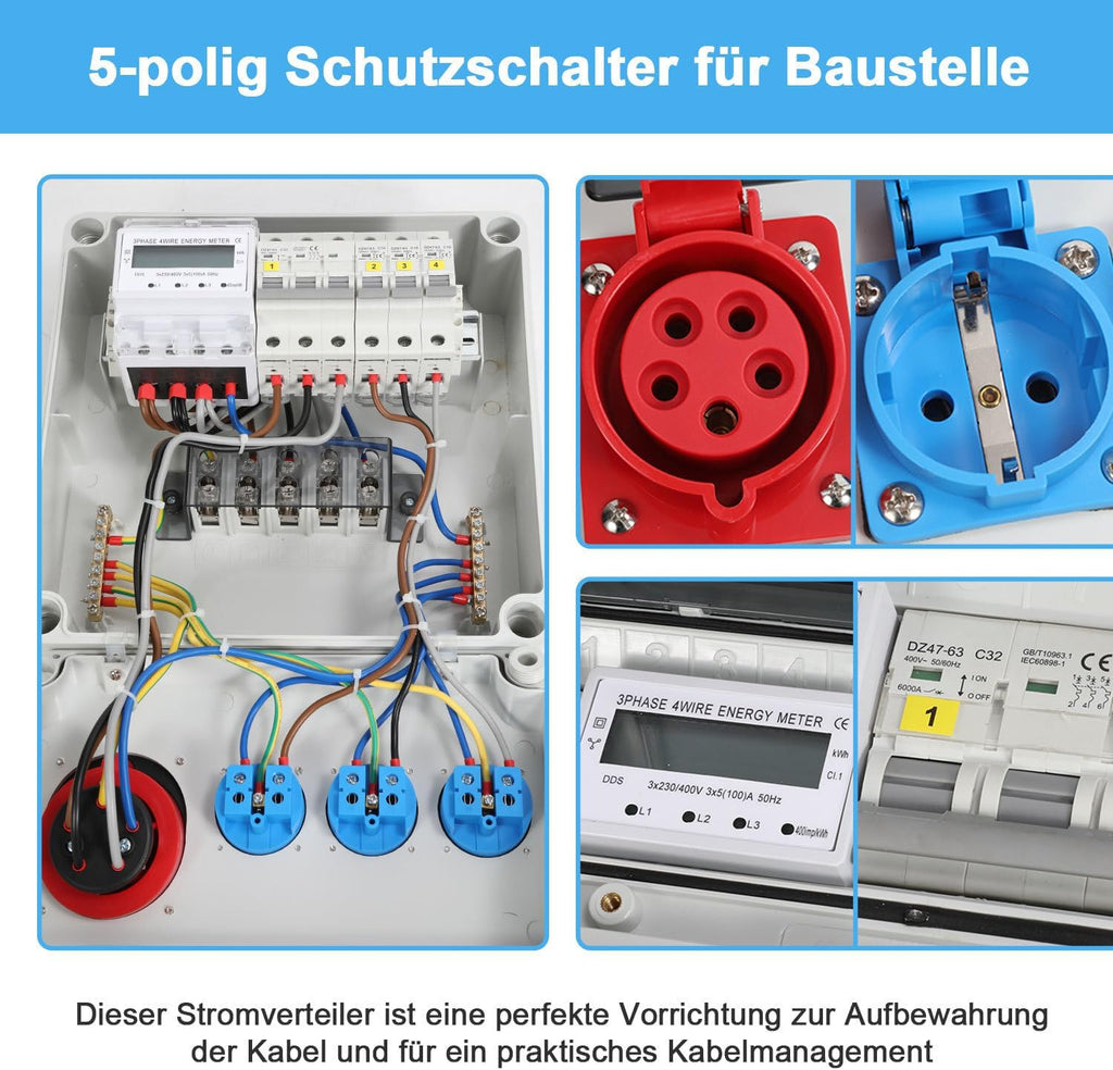 Stromverteiler 32A Industrie IP65 mit 3-Phasen Energiezähler 100A, 3x Schuko 16A, CEE 32A 5-polig, Wandverteiler mit Leitungsschutzschaltern für Baustelle