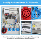 Stromverteiler 32A Industrie IP65 mit 3-Phasen Energiezähler 100A, 3x Schuko 16A, CEE 32A 5-polig, Wandverteiler mit Leitungsschutzschaltern für Baustelle
