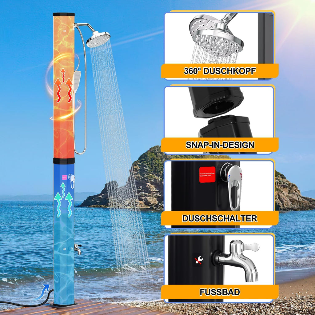 Solardusche 35L Solar Gartendusche warmes Wasser Bis Zu 60°C ohne Stromanschluss Pooldusche Camping mit Fußdusche und schwenkbarem Regenduschkopf, inkl. Montagematerial, Schwarz