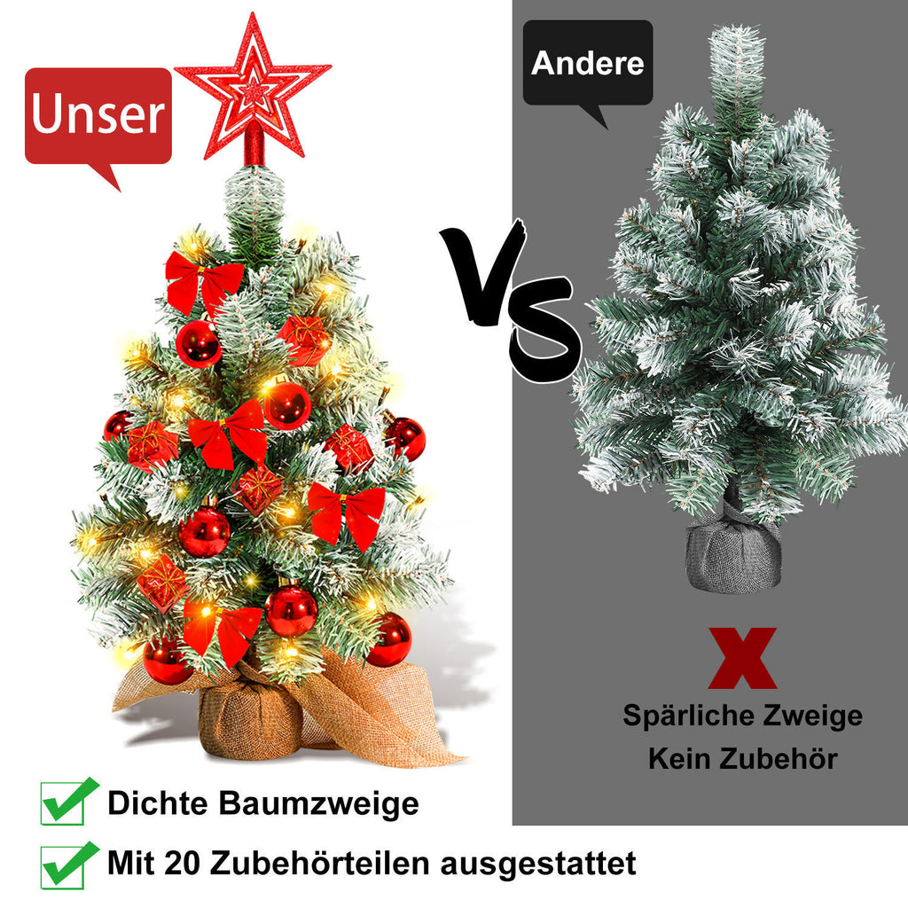 40 cm hoher Mini-Weihnachtsbaum mit LED-Beleuchtung, kleiner künstlicher Tannenbaum, Tannenbaum für den Tisch, mit roten, goldenen und silbernen Christbaumkugeln