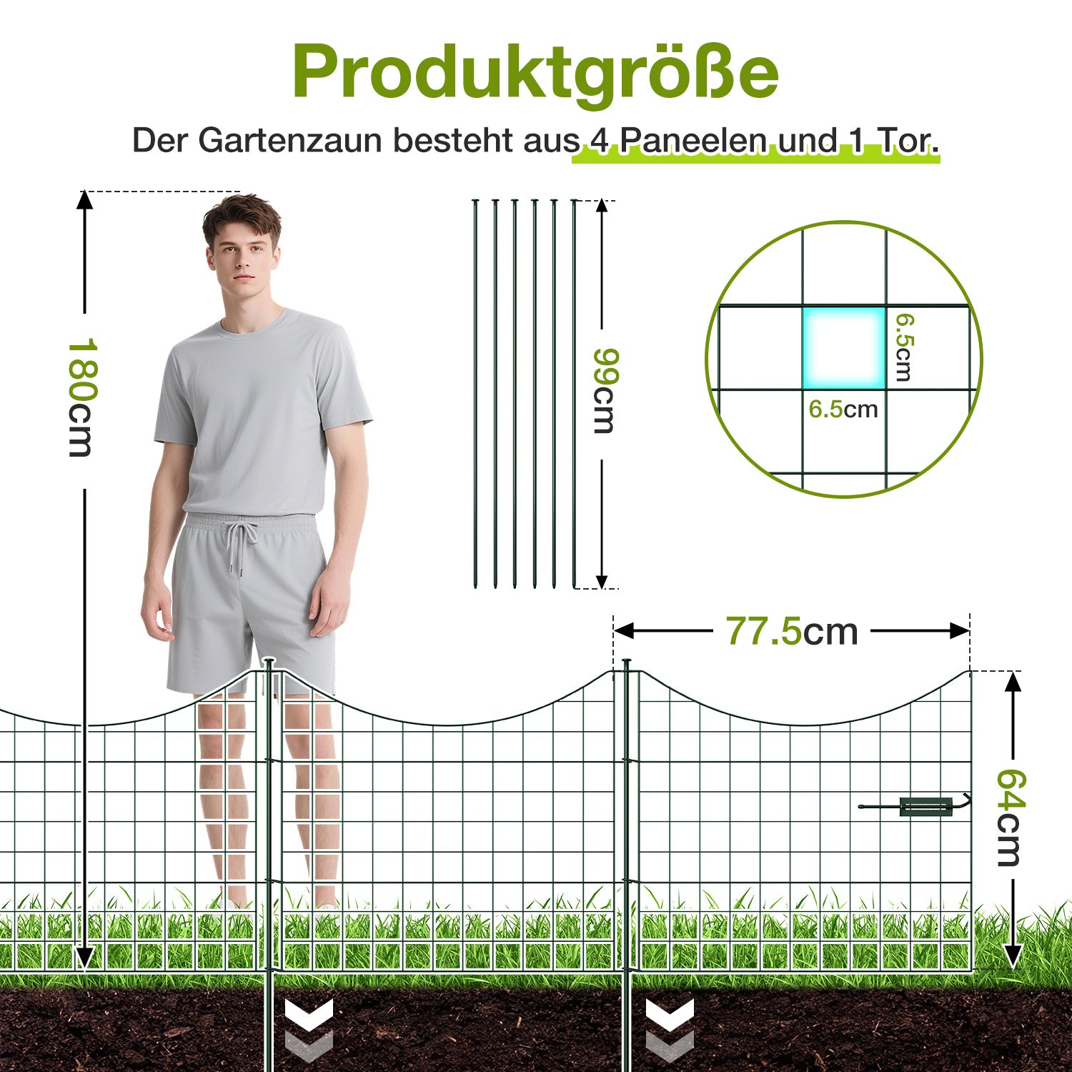 Dekorative Gartenzäune, Teichzaun-Sets, 1 Tor + 4 Teichzaunelemente, Steckzäune, Metallzäune mit Zaunelementen sowie Außenzäune, Gartenzäune, Tierzäune, mit Schloss, Haustierzäune, in drei Ausführungen erhältlich: grün, schwarz