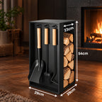 Kaminbesteck- und Holzregal-Set | 54 × 29 × 29 cm, schwarzes Metallgestell, inklusive Schaufel, Besen und Haken (ca. 48 cm) | Integrierte Aufbewahrung von Brennholz und Kaminbesteck, rutschfeste Unterlage zum Schutz des Fußbodens