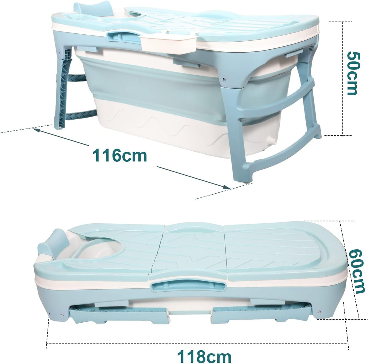 Faltbare Badewanne für Erwachsene, Klappbadewanne mit Abdeckung, Ablagekorb und Doppelablauf, platzsparende mobile Badewanne für Bad Dusche Balkon, Blau