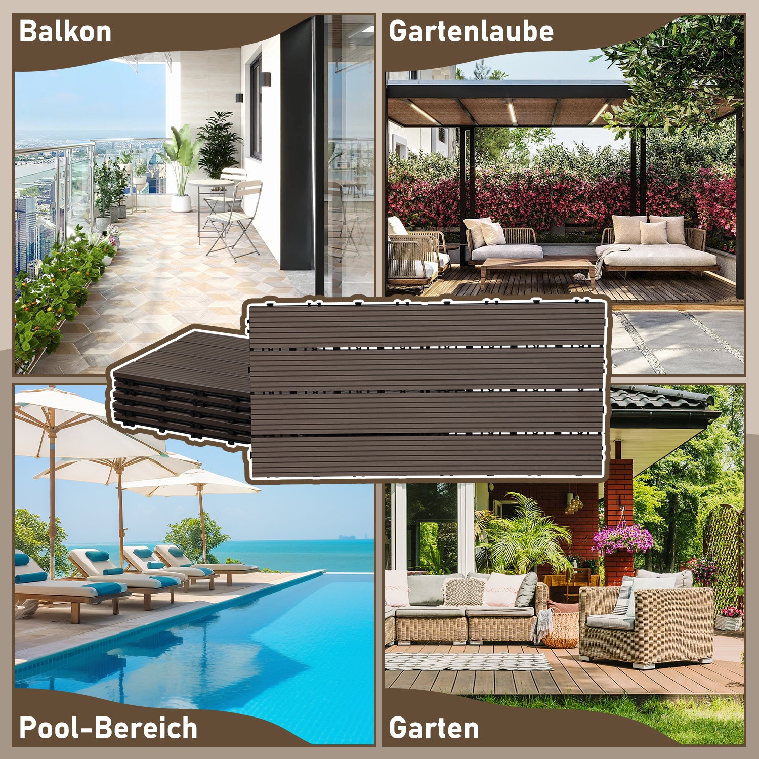 WPC-Fliesen, 30 x 60 cm, Terrassenfliesen, Klickfliesen, Balkonfliesen mit Holzoptik, witterungsbeständige Platten mit Entwässerungsfunktion, geeignet für Terrassen, Balkone und Gärten, braun/rotbraun/dunkelgrau/teakfarben (6 Stück = 1 Quadratmeter)