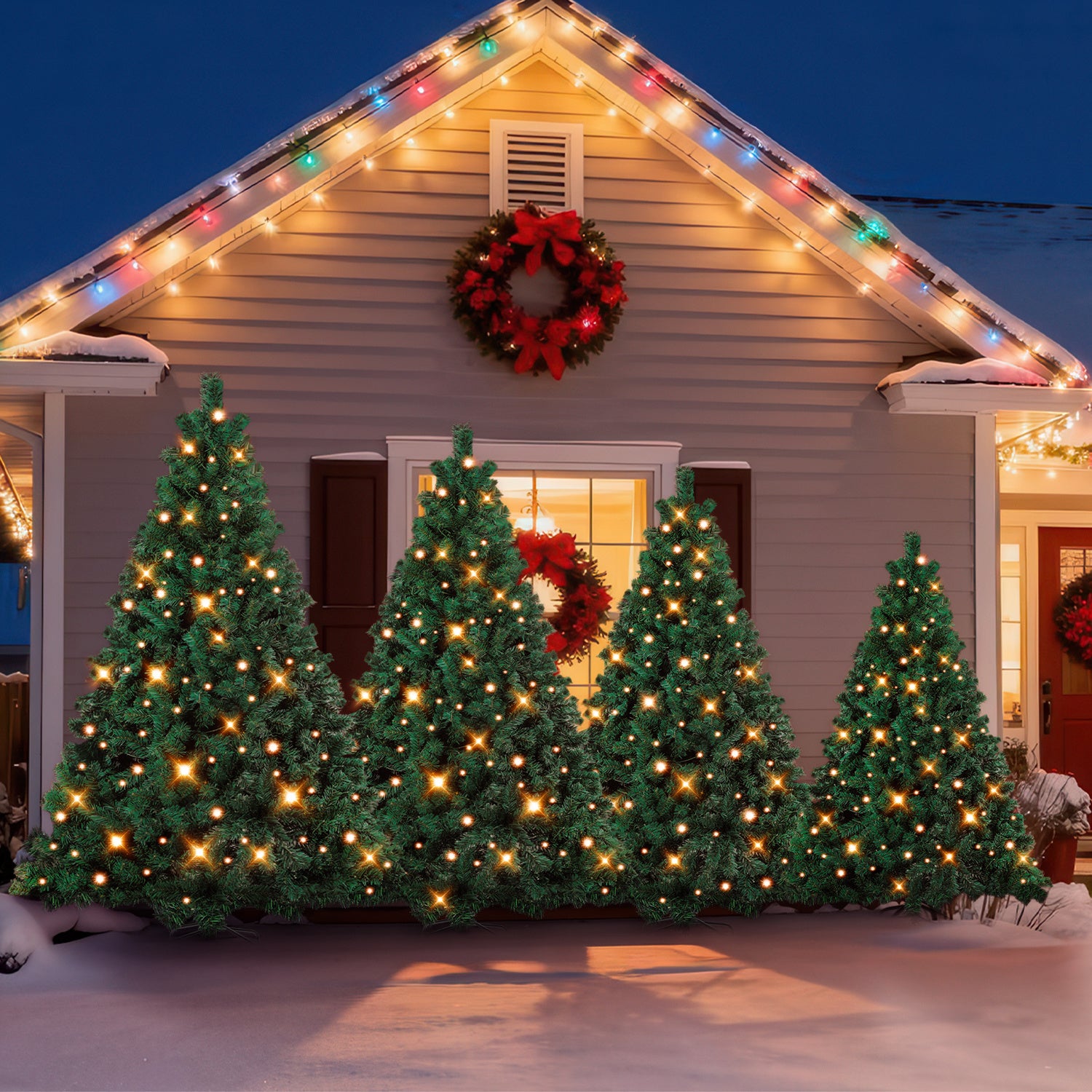 Künstlicher Weihnachtsbaum, 120–210 cm, mit Metallfuß und Lichterkette, 8 verschiedene Beleuchtungsmodi, hochwertiger künstlicher Weihnachtsbaum, für den Innen- und Außenbereich geeignet