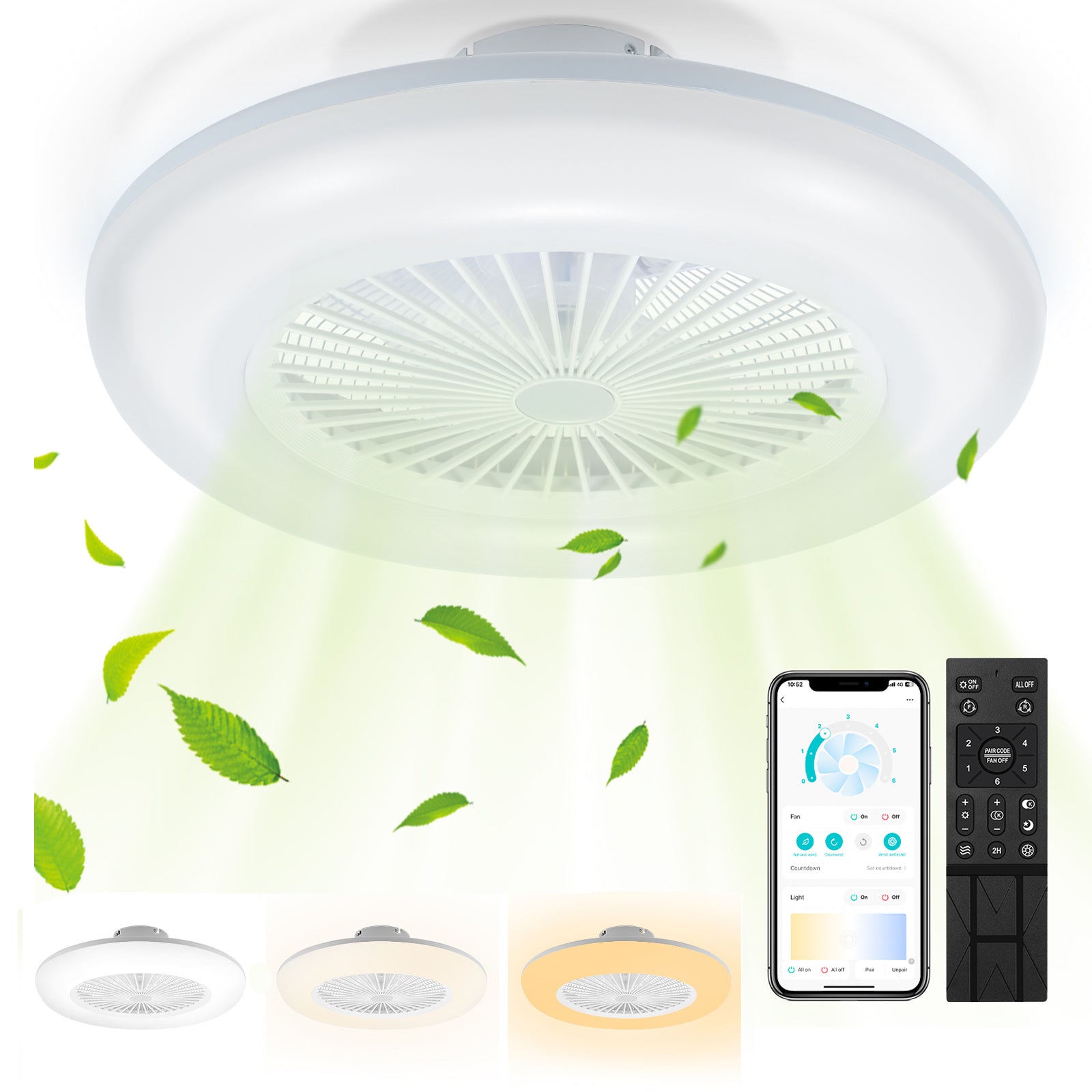 Deckenventilator mit Beleuchtung und Fernbedienung App | Dimmbar, 3 Lichtfarben, 6 Geschwindigkeiten, Reverse-Funktion, Timer 1-8 h, Leiser für Schlafzimmer und Wohnzimmer
