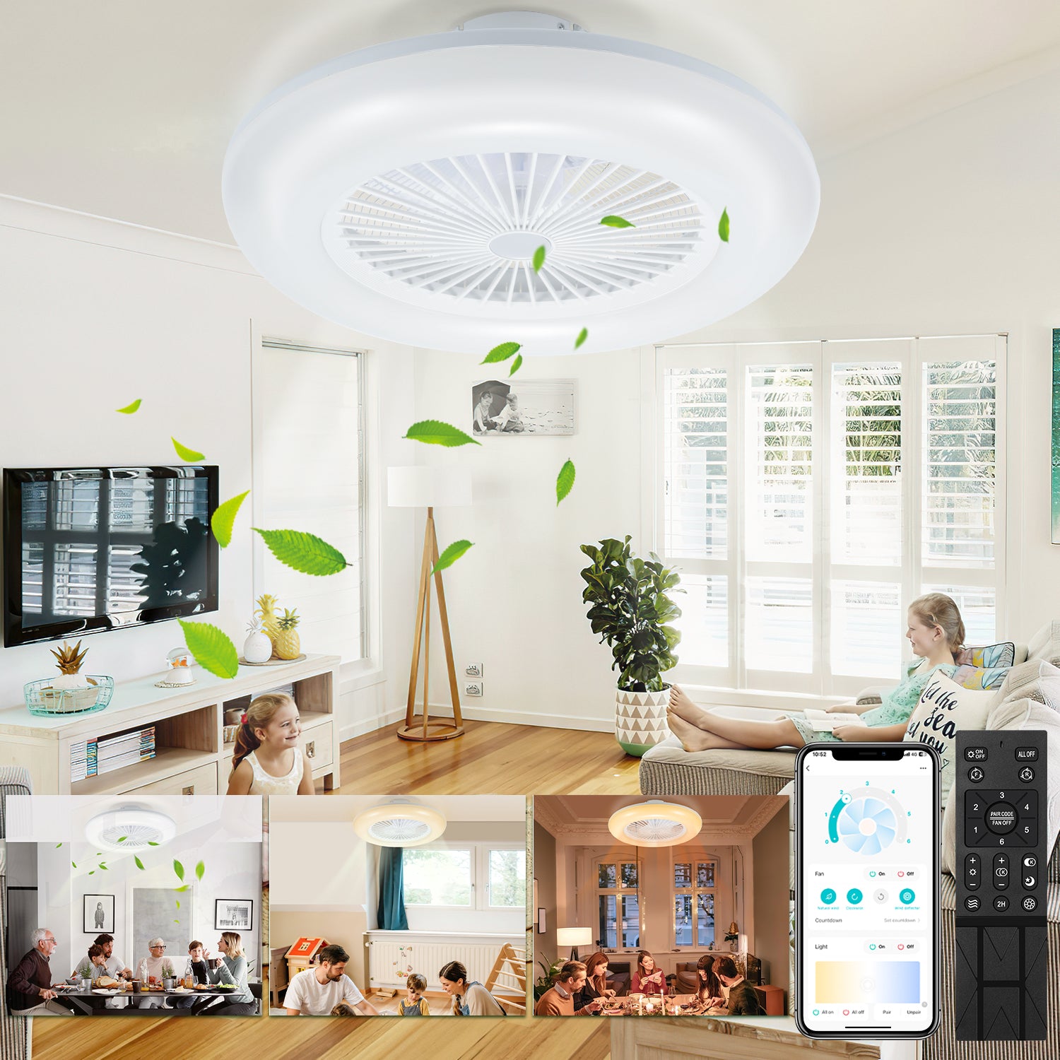 Deckenventilator mit Beleuchtung und Fernbedienung App | Dimmbar, 3 Lichtfarben, 6 Geschwindigkeiten, Reverse-Funktion, Timer 1-8 h, Leiser für Schlafzimmer und Wohnzimmer