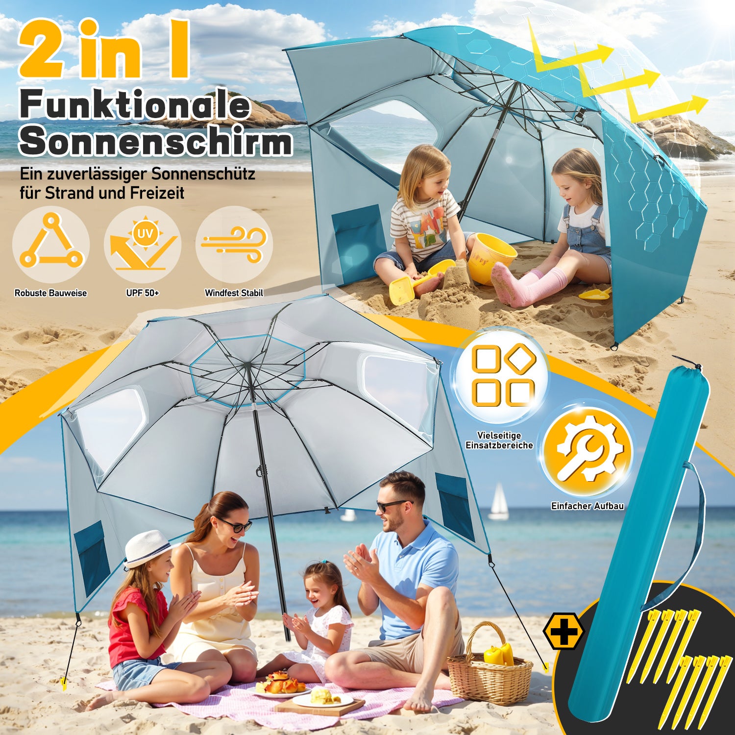 Strand-Sonnenschirm 2-in-1 – Kombinierter Schirm für Strand und Garten, geeignet für 2–4 Personen, UV50+ Sonnenschutz, multifunktionaler Sonnenschirm, Durchmesser 210 x 220 cm, mit Sichtfenster und Tragetasche, zusammenklappbar