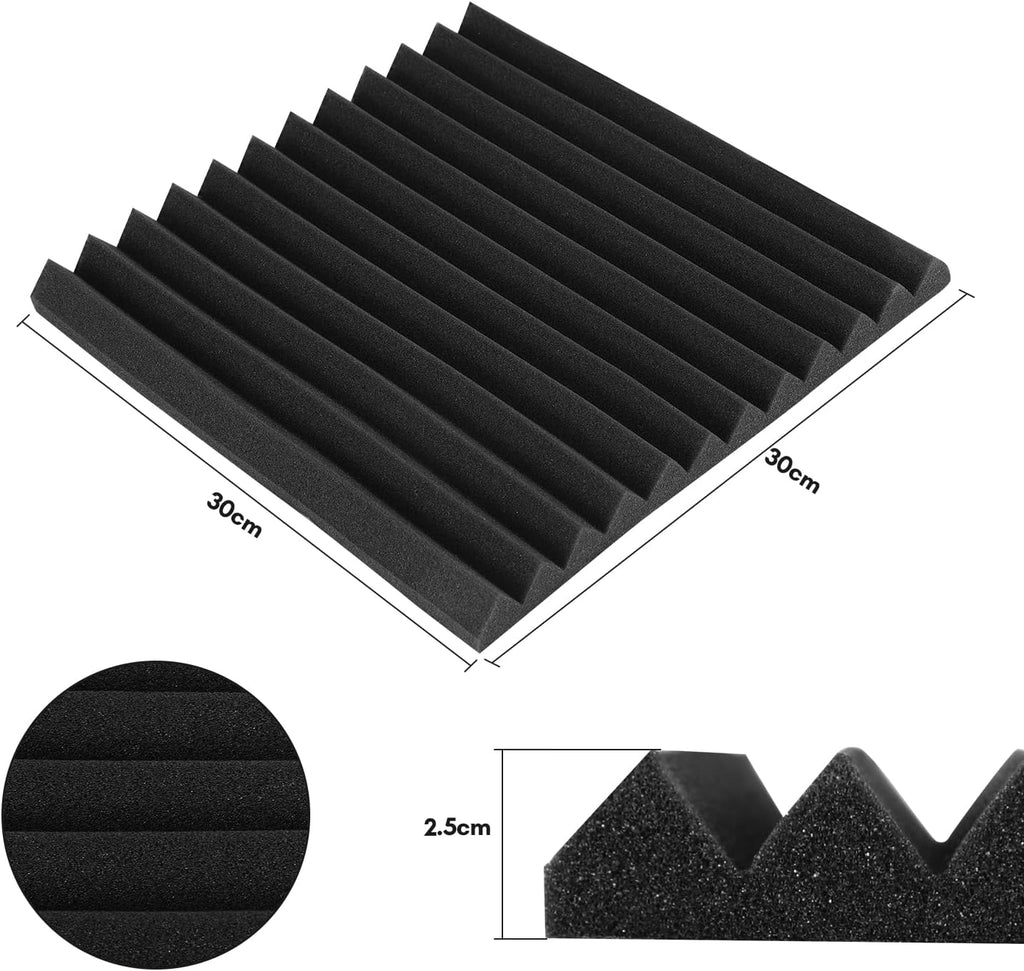 Set aus selbstklebenden Schallabsorptionsplatten aus Schaumstoff, geeignet für professionelle Aufnahmestudios und Wohnräume, Maße 30 x 30 x 2,5 cm, mit dreieckigen Nuten