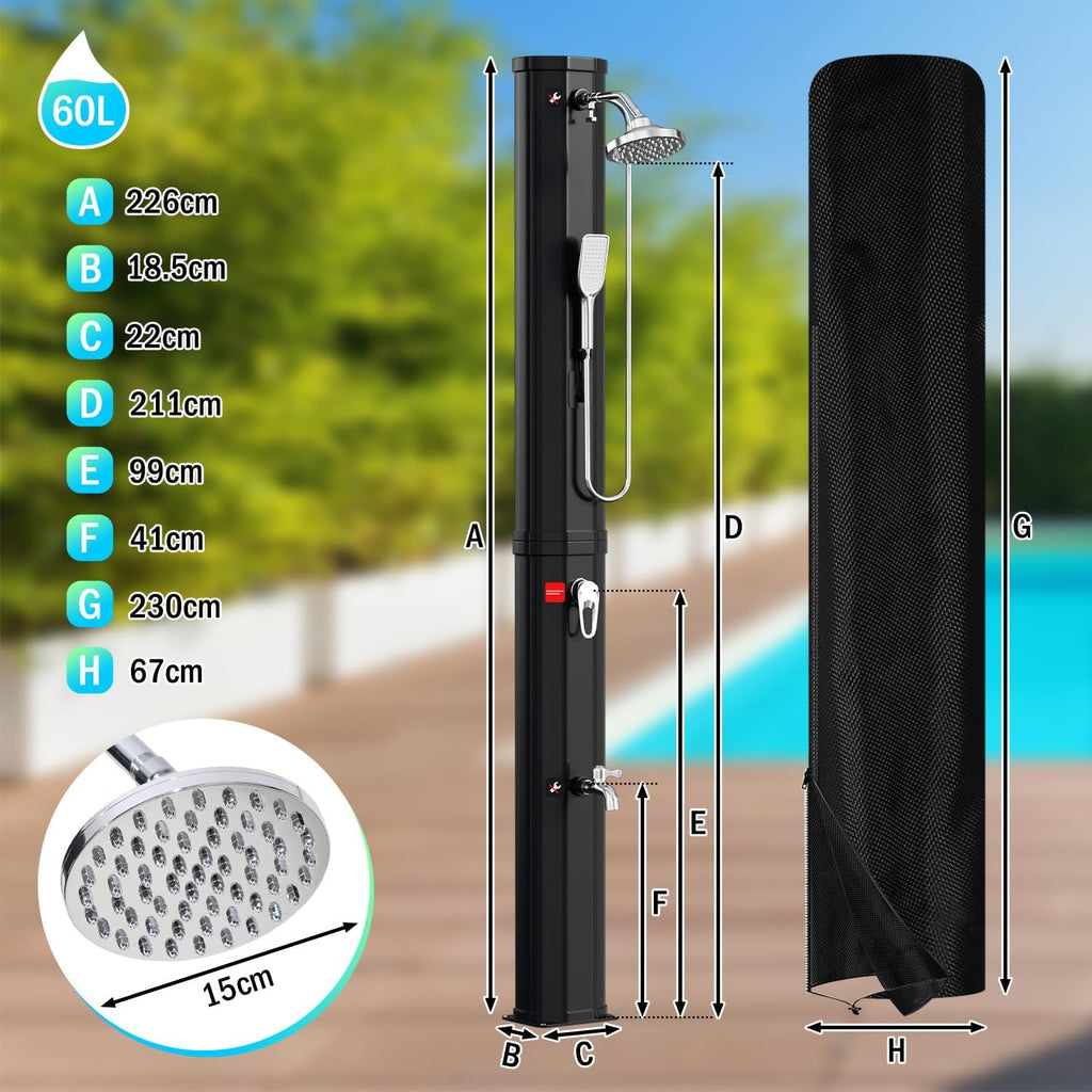 Solardusche - 60 Liter Solar Gartendusche mit Schutzabdeckung, 180° Verstellbarer Duschkopf und Handbrause, erhitzbar bis 60°C - perfekt für Garten und Haushalt, Schwarz/Weiß