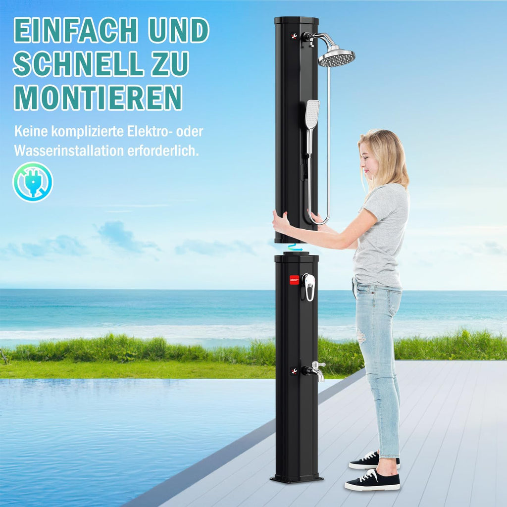 Solardusche - 60 Liter Solar Gartendusche mit Schutzabdeckung, 180° Verstellbarer Duschkopf und Handbrause, erhitzbar bis 60°C - perfekt für Garten und Haushalt, Schwarz/Weiß