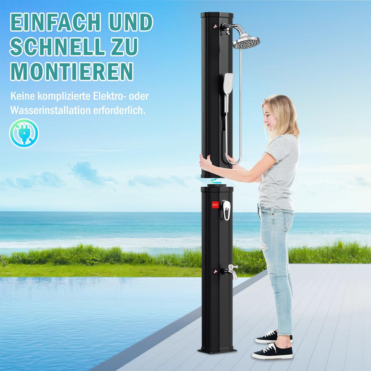 Solardusche - 60 Liter Solar Gartendusche mit Schutzabdeckung, 180° Verstellbarer Duschkopf und Handbrause, erhitzbar bis 60°C - perfekt für Garten und Haushalt, Schwarz/Weiß