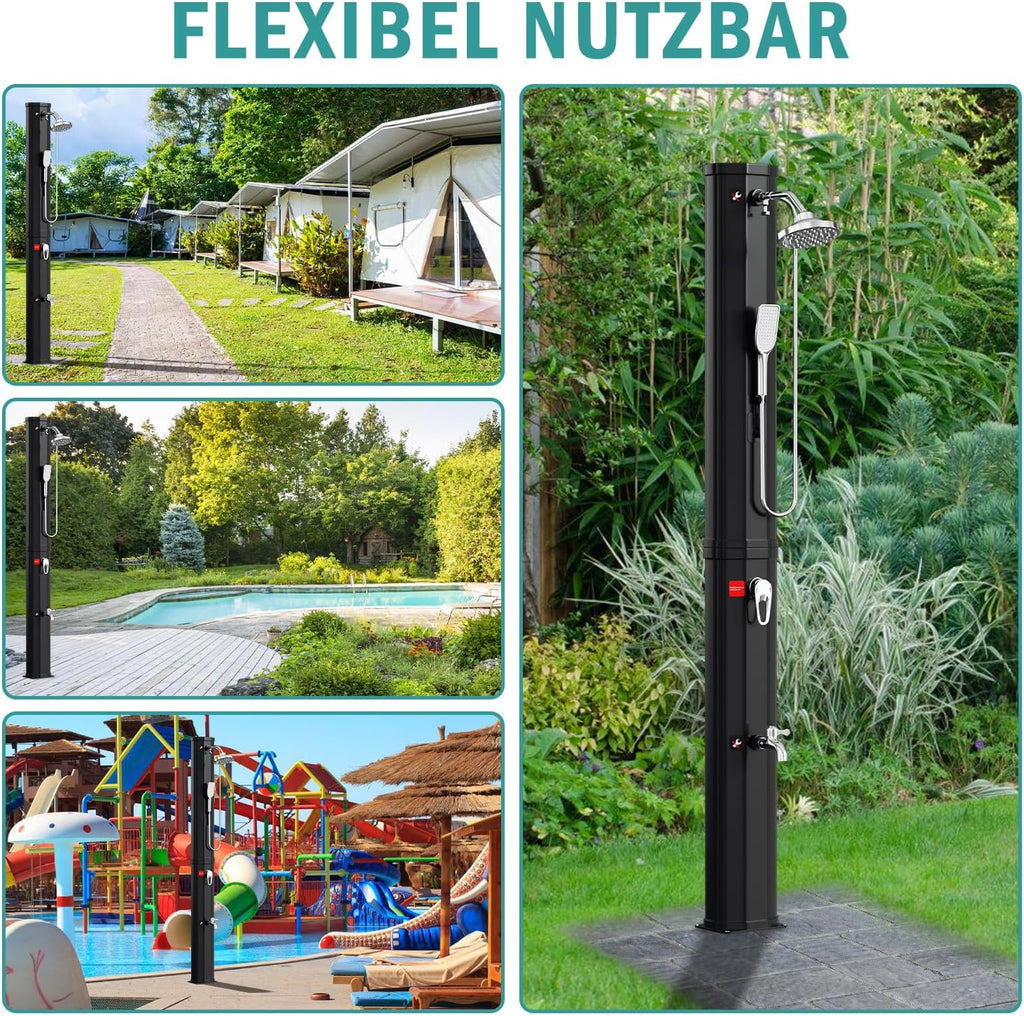 Solardusche - 60 Liter Solar Gartendusche mit Schutzabdeckung, 180° Verstellbarer Duschkopf und Handbrause, erhitzbar bis 60°C - perfekt für Garten und Haushalt, Schwarz/Weiß
