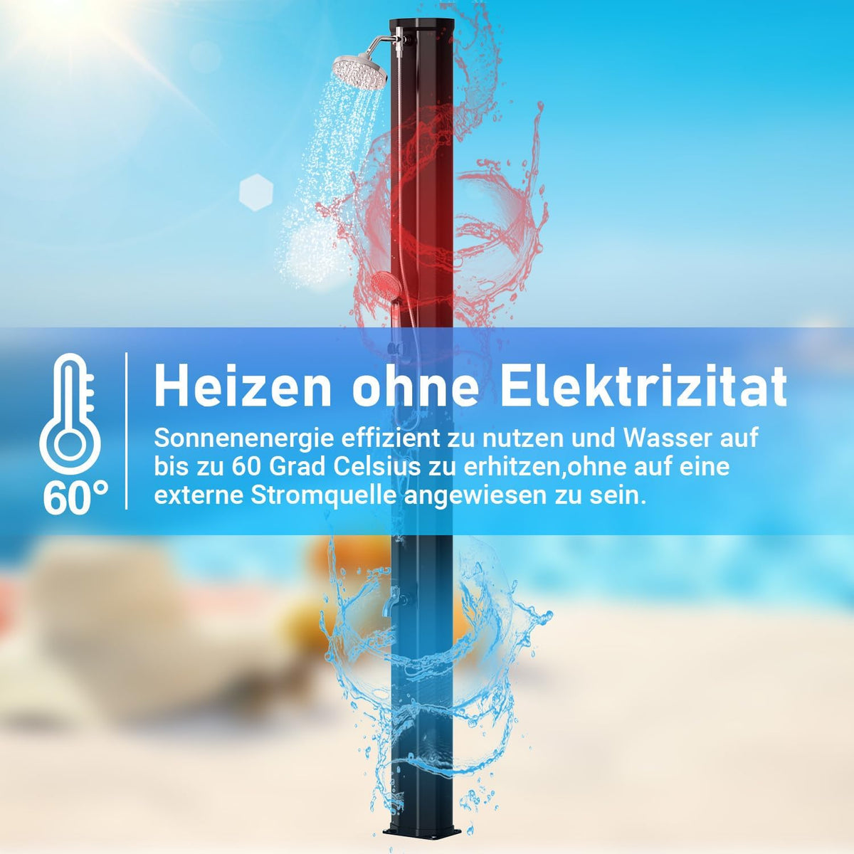 Solardusche - 60 Liter Solar Gartendusche mit Schutzabdeckung, 180° Verstellbarer Duschkopf und Handbrause, erhitzbar bis 60°C - perfekt für Garten und Haushalt, Schwarz/Weiß