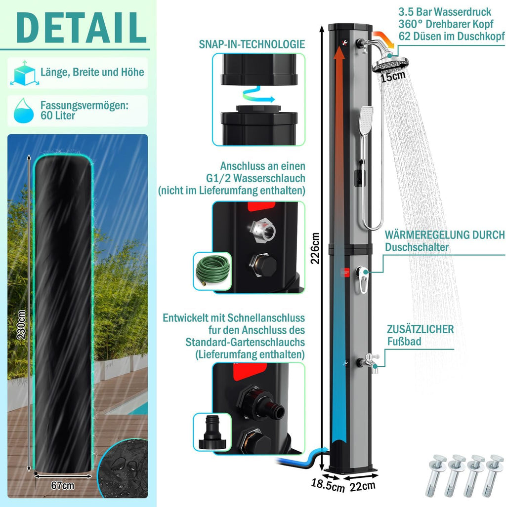 Solardusche - 60 Liter Solar Gartendusche mit Schutzabdeckung, 180° Verstellbarer Duschkopf und Handbrause, erhitzbar bis 60°C - perfekt für Garten und Haushalt, Schwarz/Weiß