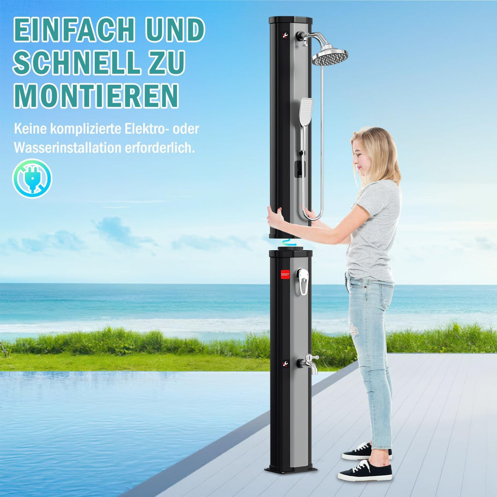 Solardusche - 60 Liter Solar Gartendusche mit Schutzabdeckung, 180° Verstellbarer Duschkopf und Handbrause, erhitzbar bis 60°C - perfekt für Garten und Haushalt, Schwarz/Weiß