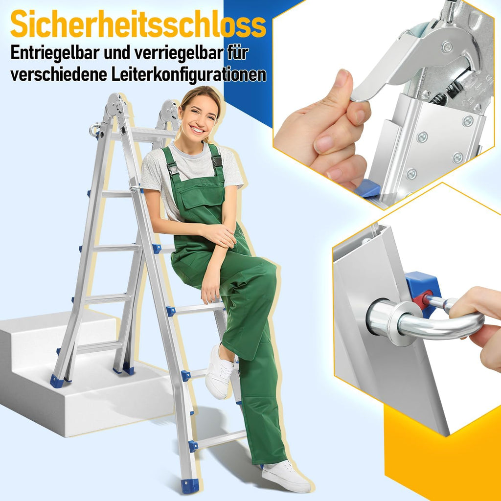 Aluminium multi-purpose ladder, 4-in-1 folding ladder, load capacity 150 kg, step ladder, extension ladder, double-sided ladder and stair ladder, telescopic ladder