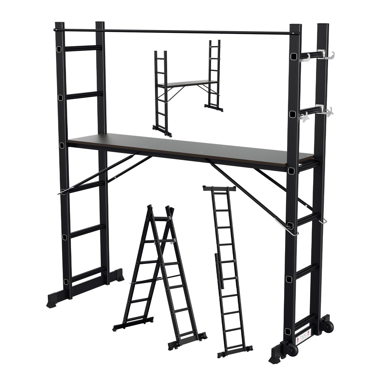 Gerüst, 4 in 1 Alu Multifunktionsleiter 6+6 Stufen, Mobile Mehrzweckleiter mit Plattform und 2 Räder, Arbeitsgerüst, Arbeitsbühne, Belastbar bis max. 150 Kg