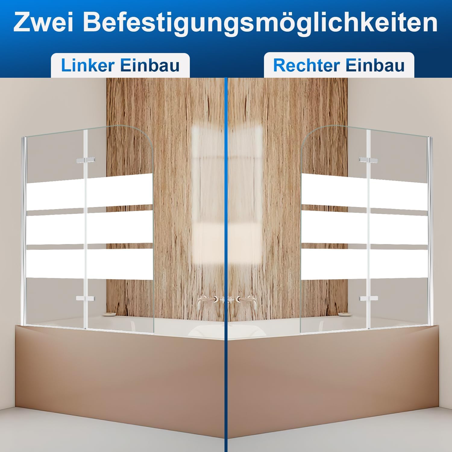 Klappbare Duschwand für die Badewanne, 100 x 140 cm / 120 x 140 cm, zweiteilige / dreiteilige klappbare Duschwand für die Badewanne, aus 6 mm starkem ESG-Sicherheitsglas, um 180° drehbar, weiß gestreift / silberfarben transparent