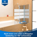 Klappbare Duschwand für die Badewanne, 100 x 140 cm / 120 x 140 cm, zweiteilige / dreiteilige klappbare Duschwand für die Badewanne, aus 6 mm starkem ESG-Sicherheitsglas, um 180° drehbar, weiß gestreift / silberfarben transparent