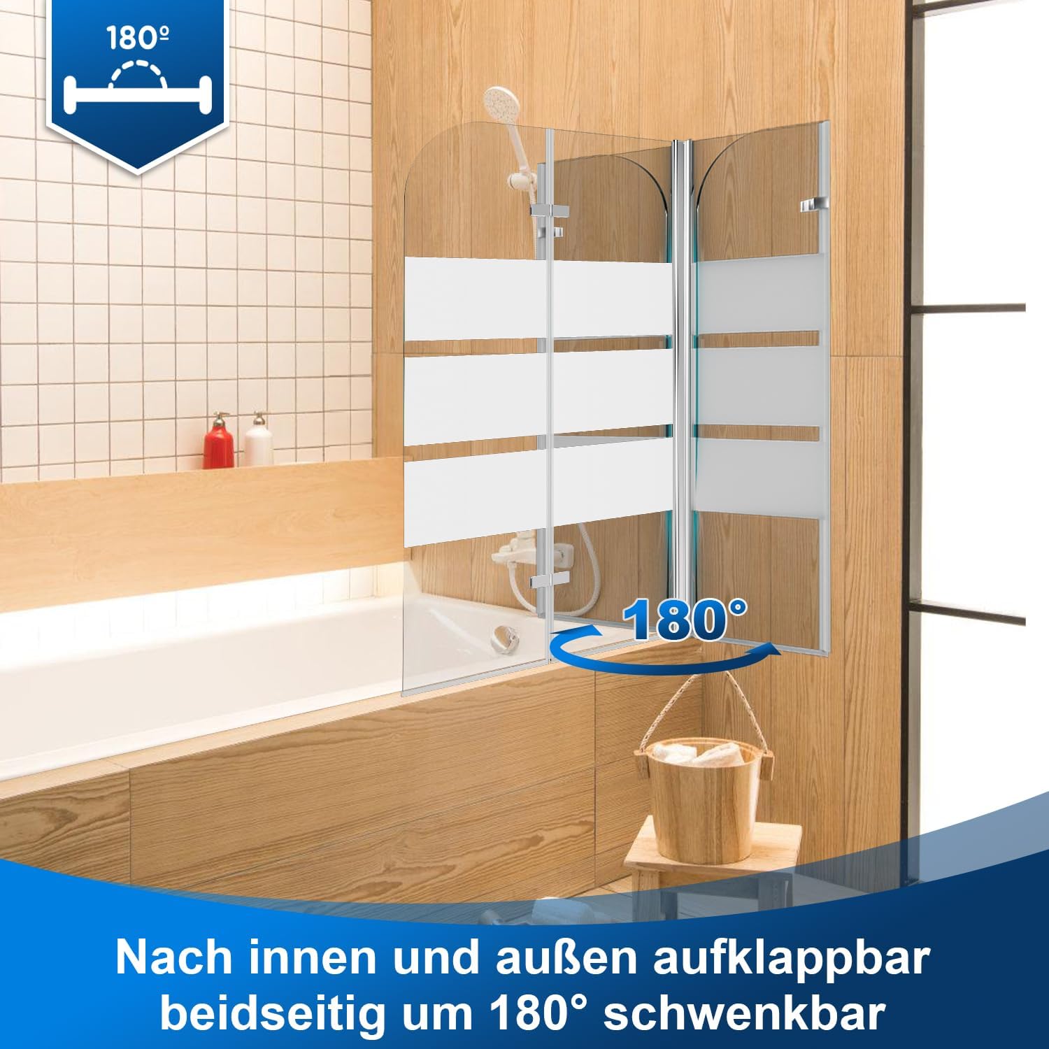 Klappbare Duschwand für die Badewanne, 100 x 140 cm / 120 x 140 cm, zweiteilige / dreiteilige klappbare Duschwand für die Badewanne, aus 6 mm starkem ESG-Sicherheitsglas, um 180° drehbar, weiß gestreift / silberfarben transparent