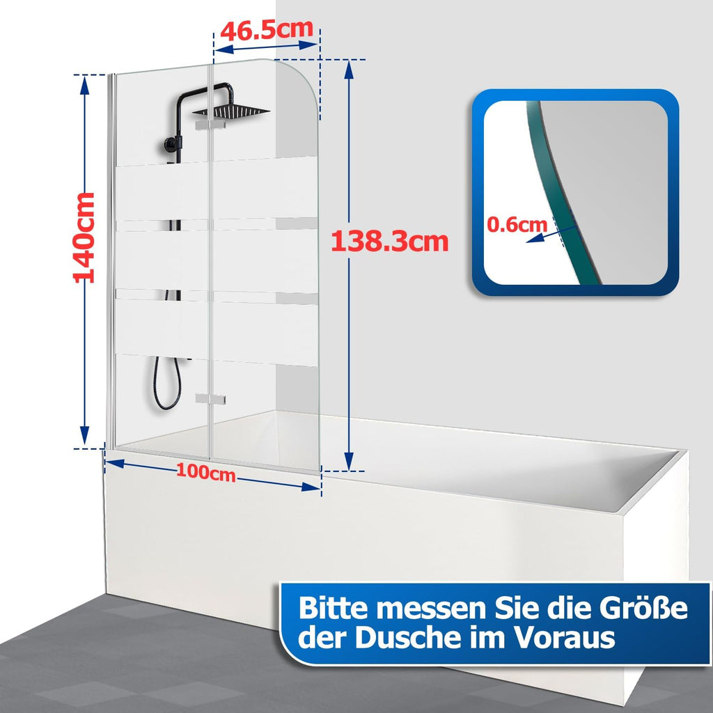 Klappbare Duschwand für die Badewanne, 100 x 140 cm / 120 x 140 cm, zweiteilige / dreiteilige klappbare Duschwand für die Badewanne, aus 6 mm starkem ESG-Sicherheitsglas, um 180° drehbar, weiß gestreift / silberfarben transparent