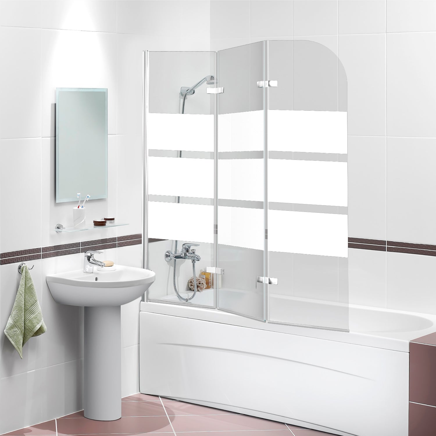 Klappbare Duschwand für die Badewanne, 100 x 140 cm / 120 x 140 cm, zweiteilige / dreiteilige klappbare Duschwand für die Badewanne, aus 6 mm starkem ESG-Sicherheitsglas, um 180° drehbar, weiß gestreift / silberfarben transparent