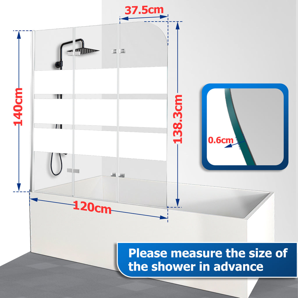 Klappbare Duschwand für die Badewanne, 100 x 140 cm / 120 x 140 cm, zweiteilige / dreiteilige klappbare Duschwand für die Badewanne, aus 6 mm starkem ESG-Sicherheitsglas, um 180° drehbar, weiß gestreift / silberfarben transparent