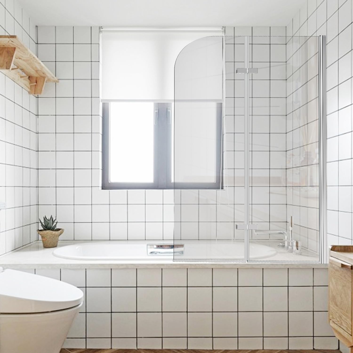 Klappbare Duschwand für die Badewanne, 100 x 140 cm / 120 x 140 cm, zweiteilige / dreiteilige klappbare Duschwand für die Badewanne, aus 6 mm starkem ESG-Sicherheitsglas, um 180° drehbar, weiß gestreift / silberfarben transparent