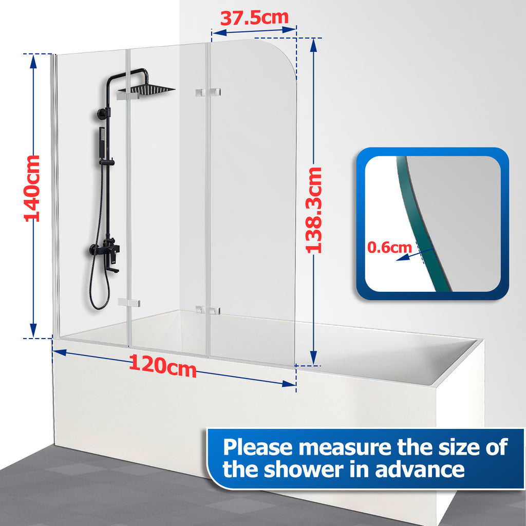 Klappbare Duschwand für die Badewanne, 100 x 140 cm / 120 x 140 cm, zweiteilige / dreiteilige klappbare Duschwand für die Badewanne, aus 6 mm starkem ESG-Sicherheitsglas, um 180° drehbar, weiß gestreift / silberfarben transparent