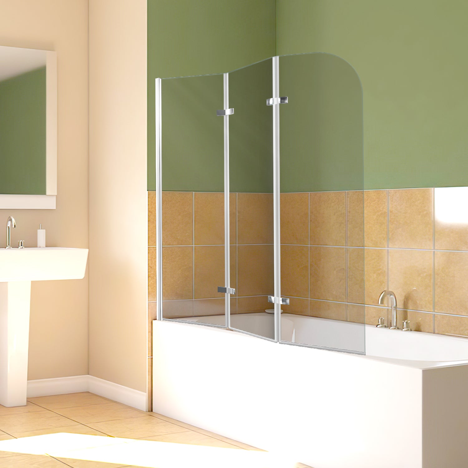 Klappbare Duschwand für die Badewanne, 100 x 140 cm / 120 x 140 cm, zweiteilige / dreiteilige klappbare Duschwand für die Badewanne, aus 6 mm starkem ESG-Sicherheitsglas, um 180° drehbar, weiß gestreift / silberfarben transparent