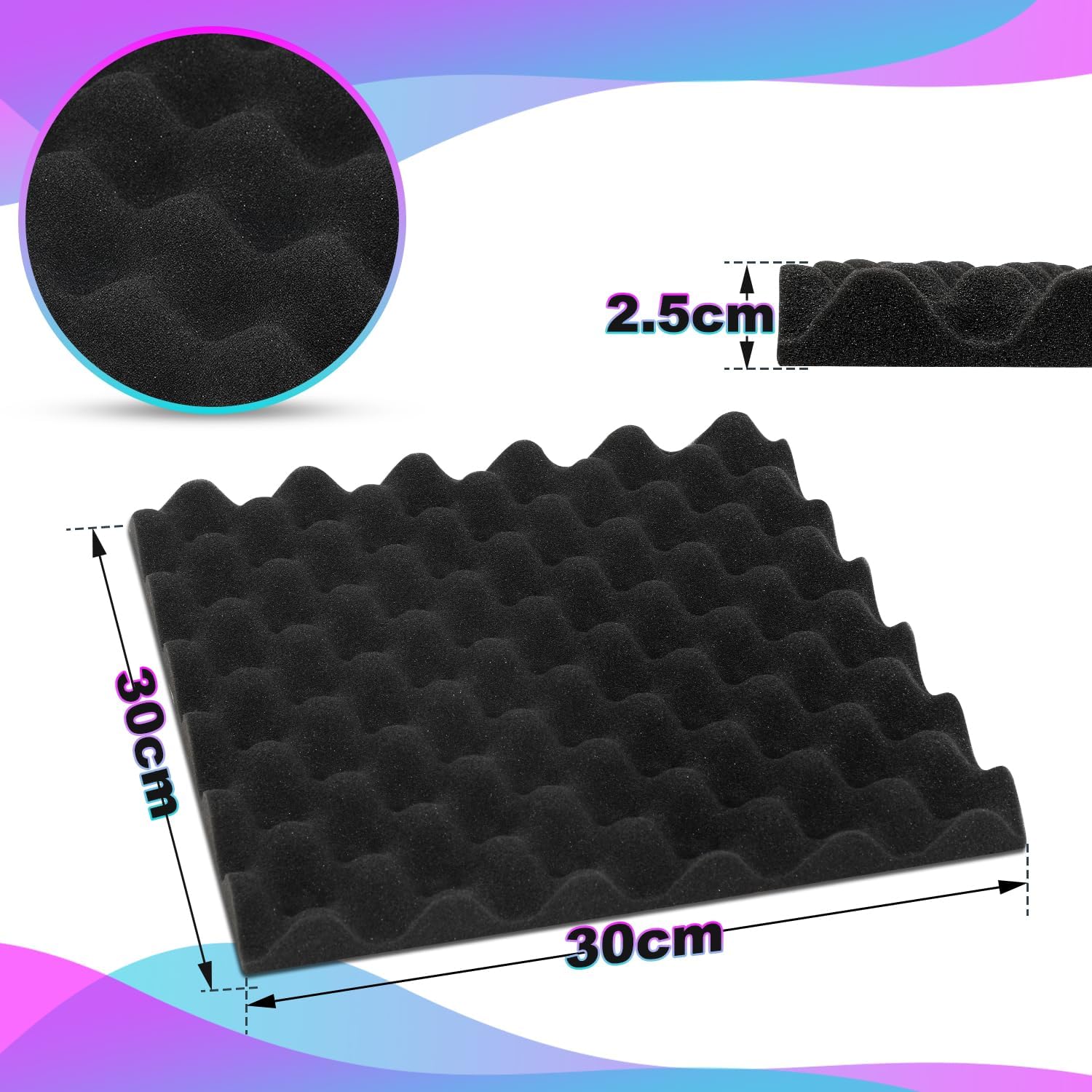Set aus selbstklebenden Schallabsorptionsplatten aus Schaumstoff, geeignet für professionelle Aufnahmestudios und Wohnräume, Maße 30 x 30 x 2,5 cm, Wellenmuster