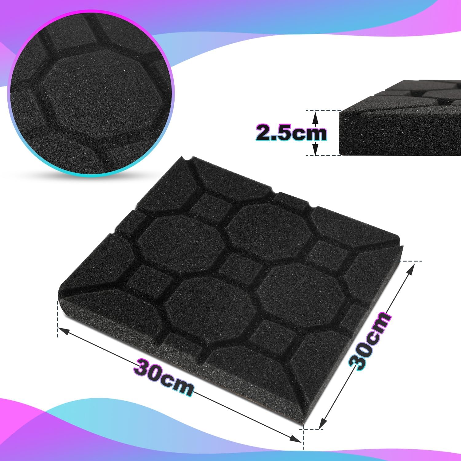 Set aus selbstklebenden Schallabsorptionsplatten aus Schaumstoff, geeignet für professionelle Aufnahmestudios und Wohnräume, Maße 30 x 30 x 2,5 cm, quadratische Ausführung