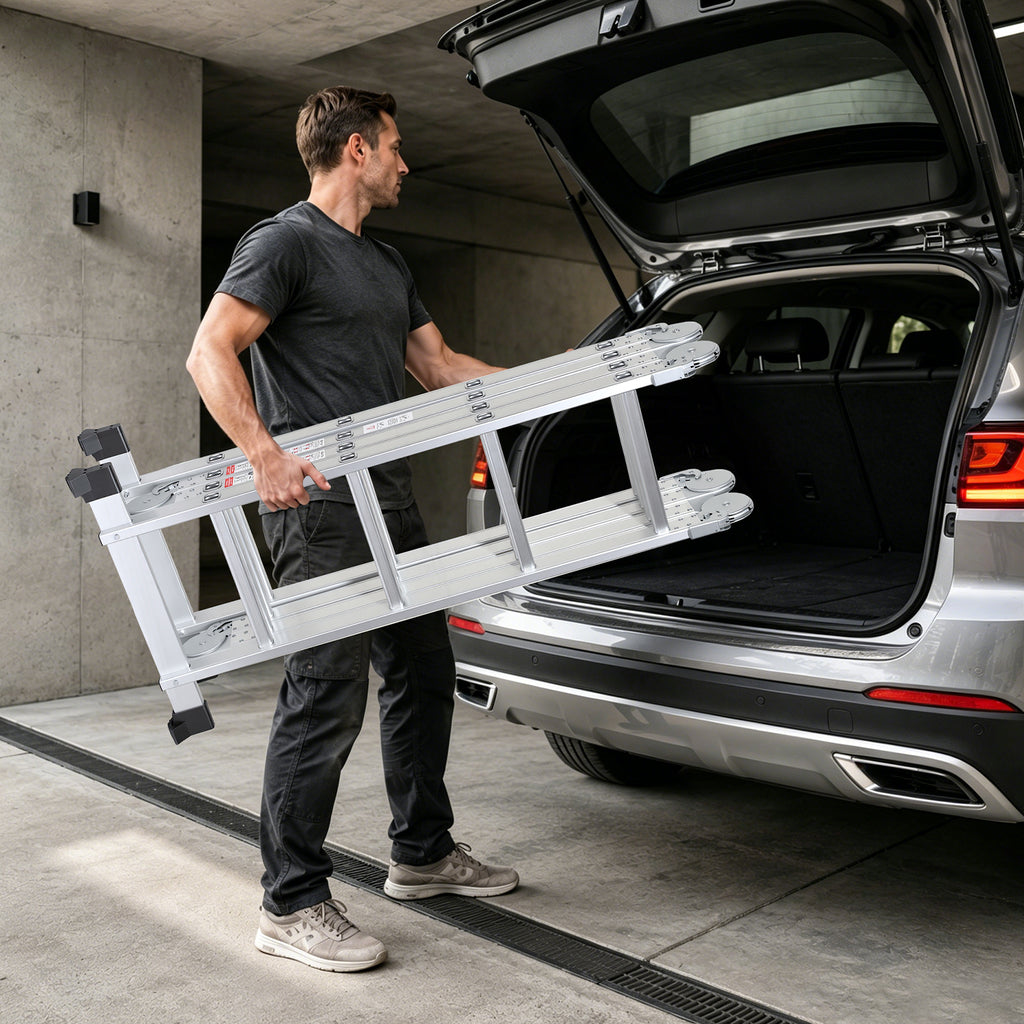 7-in-1-Multifunktionsleiter aus Aluminium, Tragkraft bis zu 150 kg, multifunktional, zusammenklappbar, einsetzbar als Anlehntreppe, Stehleiter und Treppenleiter, geeignet für Haushalt, Garten und Werkstatt, wahlweise mit 4x3, 4x4 oder 4x5 Sprossen.