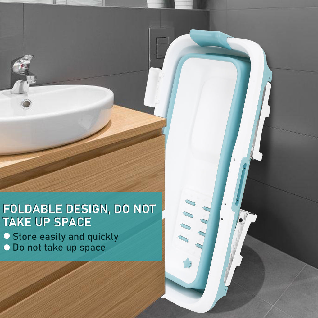 Faltbare Badewanne für Erwachsene, Klappbadewanne mit Abdeckung, Ablagekorb und Doppelablauf, platzsparende mobile Badewanne für Bad Dusche Balkon, Blau