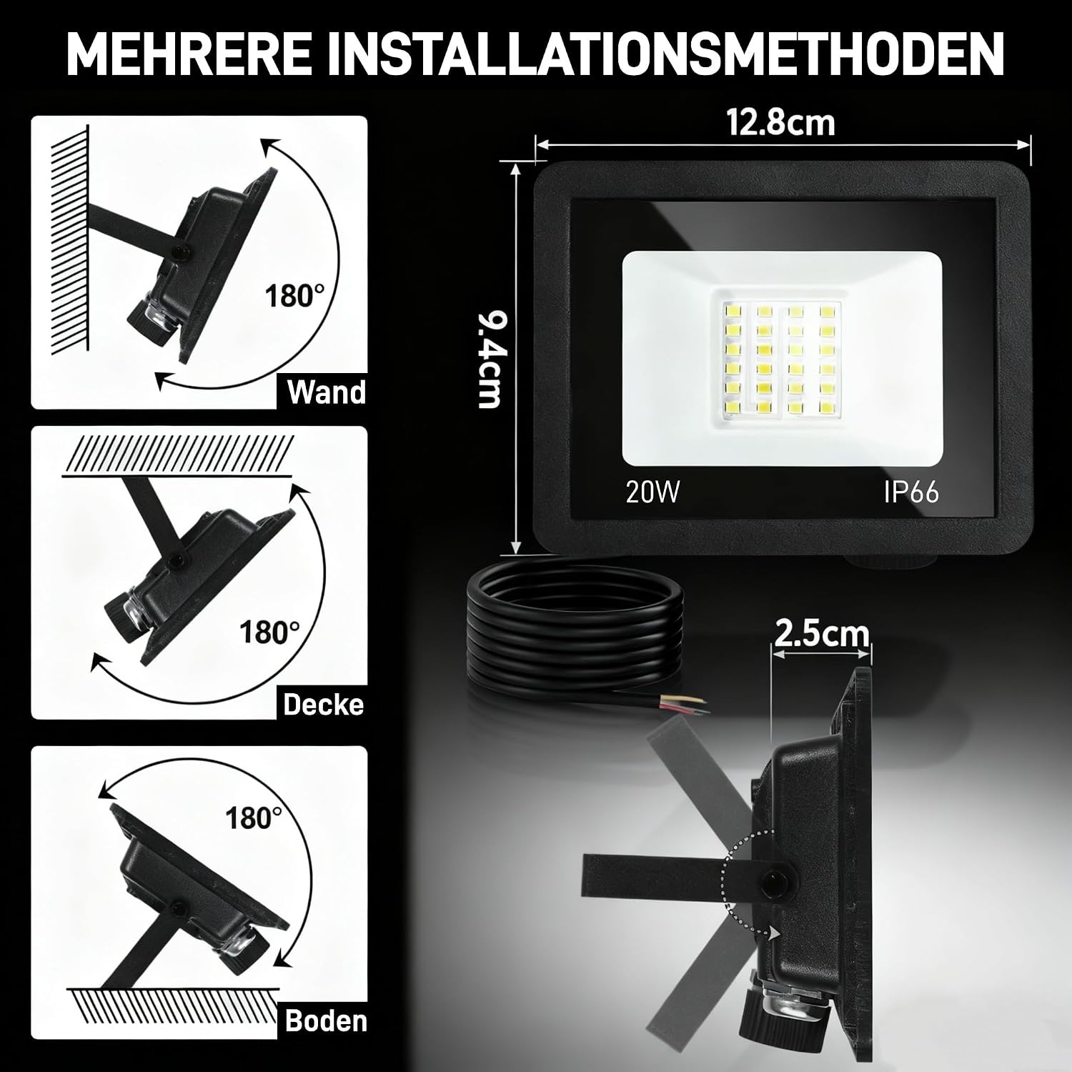 LED Strahler Außen 20/30/50/100W, 3000K/4000K/6500K LED-Strahler Dimmbar, Superhell Fluter Flutlichtstrahler, IP66 Wasserdicht Scheinwerfer Aussenstrahler für Hof, Garten, Garage